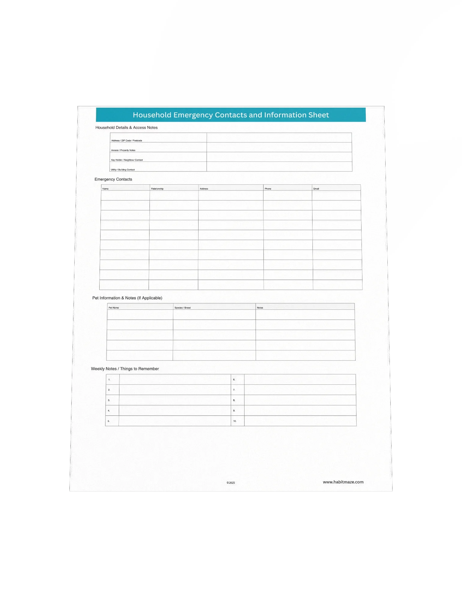 Household Emergency Contacts and Information Sheet product image (5)
