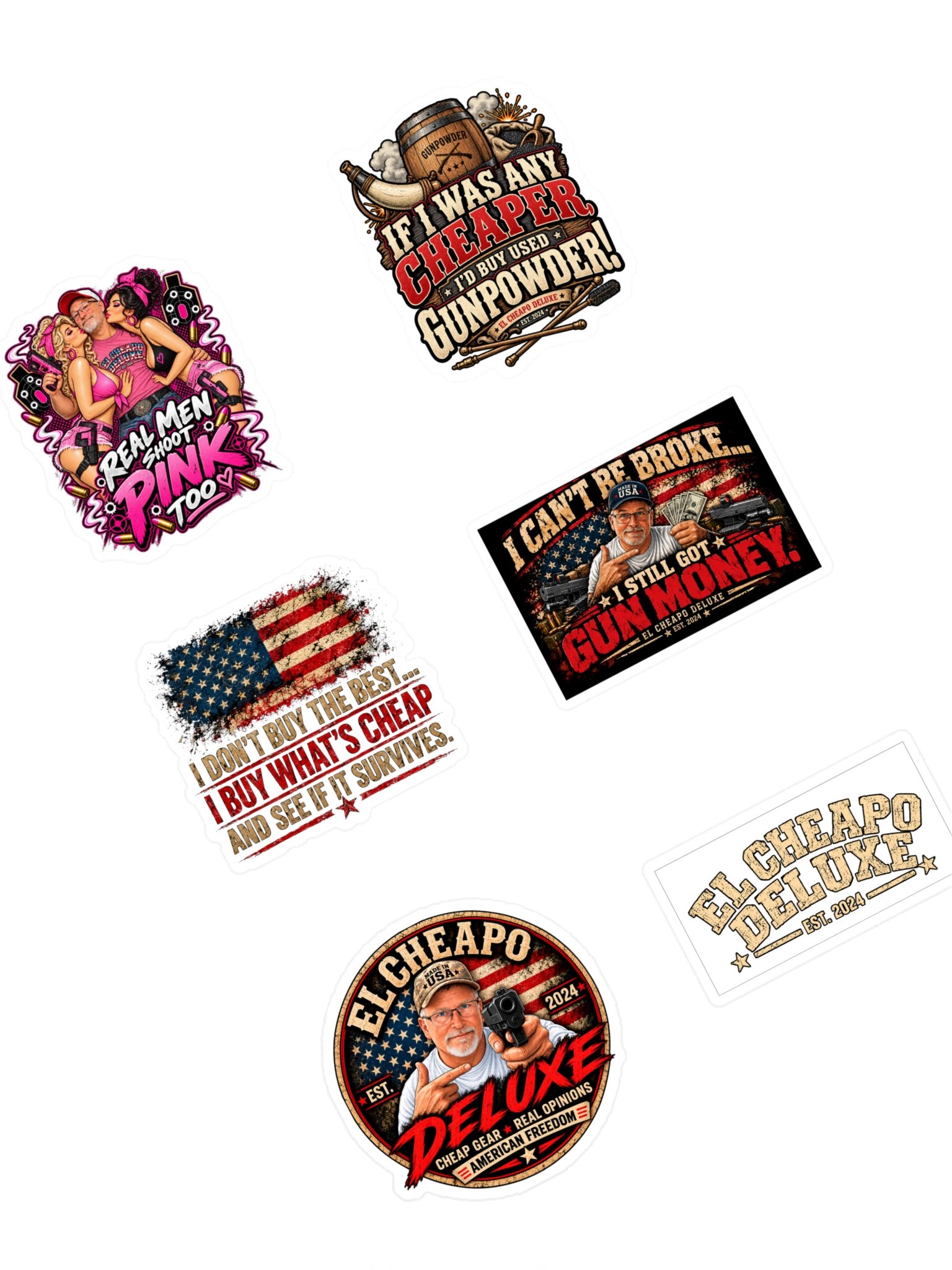 El Cheapo Deluxe Patriotic Gun Humor Sticker Sheet product image (1)