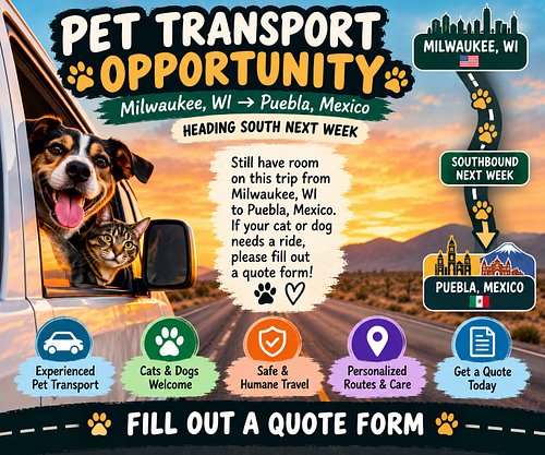 Headed south and I still have room for a few furry passengers! 🐾🚐🇲🇽
I’m currently in the Milwaukee area and will be making my...