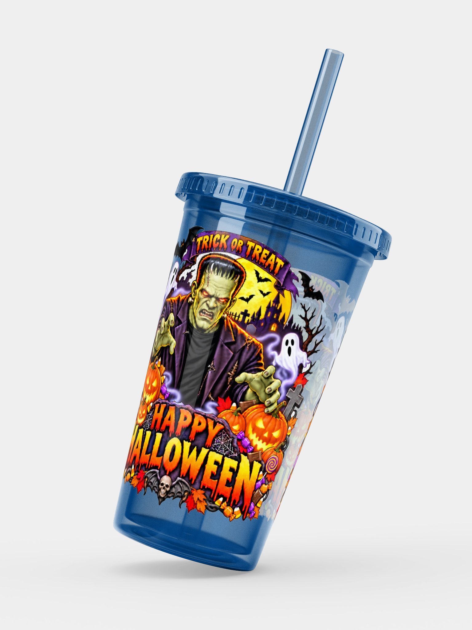 Frankenstein Happy Halloween Double Wall Clear Plastic Tumbler product image (3)