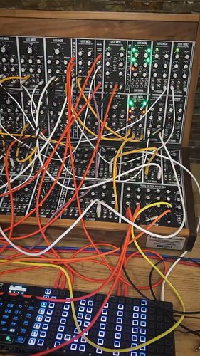 Friday night jam.. using 30 of the 50 modules! 4 VCOs, 3 VCFs, 2 filter banks, phaser, 6LFOs, chance delay, S&H and a load of...