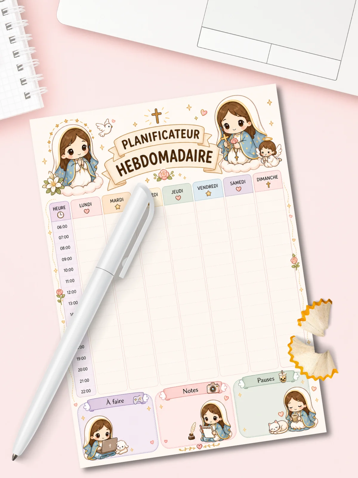 FR/EN/DE/ES/IT/PT/RU/KO/JP Kawaii Weekly Planner Printable | Mary Chibi Style (Digital Download) product image (1)