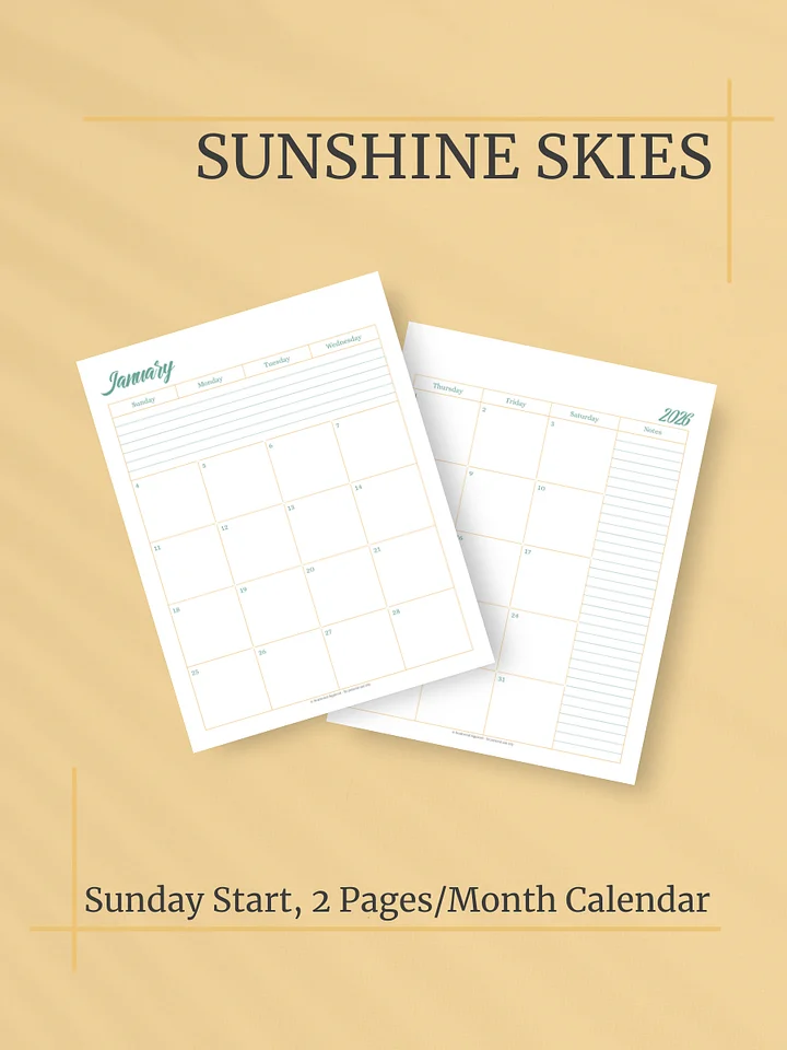 Sunshine Skies 2026 Calendar - 2 Pages per Month, Sunday Start, Letter Size product image (1)