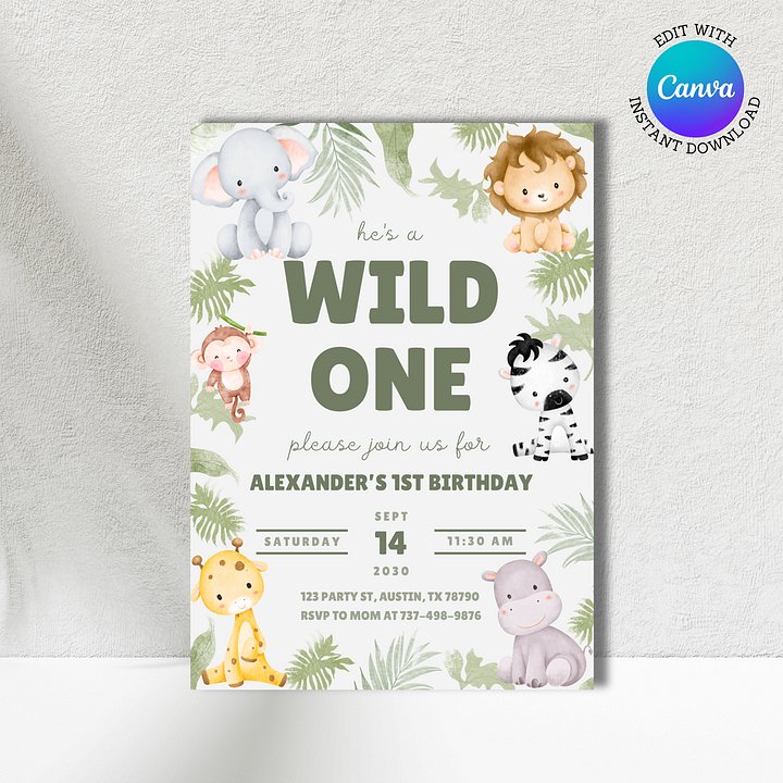 Wild One Birthday Invitation | Safari 1st Birthday Invite | Jungle Party | Animal Theme | Editable Canva Template product image (1)