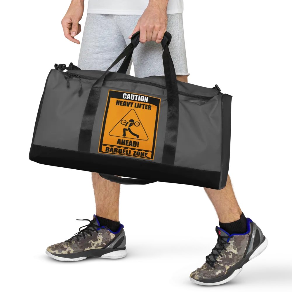 Caution Heavy Lifter Ahead-Barbell Zone Duffle Bag (Dark Gray and Black) product image (7)