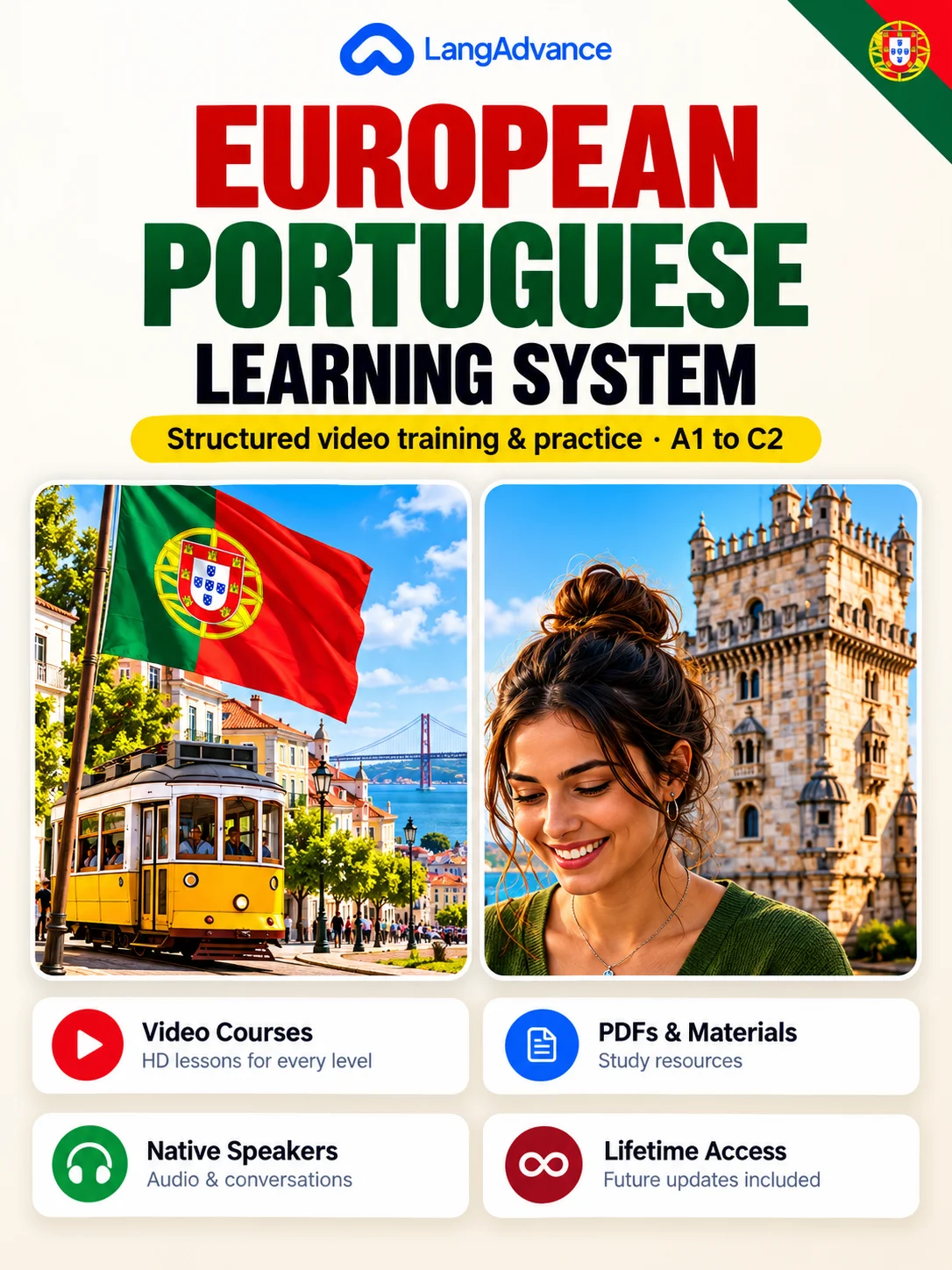 European Portuguese learning system: A1–C2 structured video training product image (2)