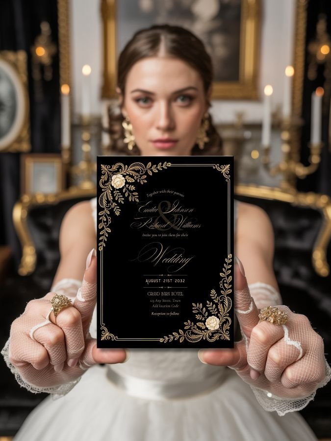 Editable Vintage Wedding Invitations | Edit in Canva | Instant Download Template | Black Gold Floral Rose product image (4)