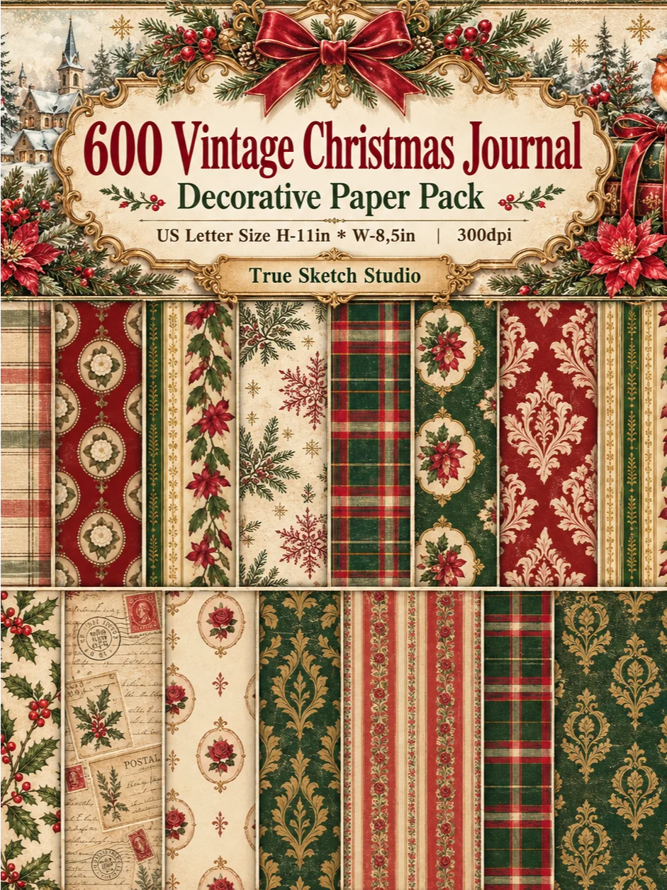 600 Vintage Christmas Junk Journal Pages, Victorian Ephemera, Antique Holiday Backgrounds, Printable Scrapbook Digital Paper Bundle, 300 DPI product image (3)
