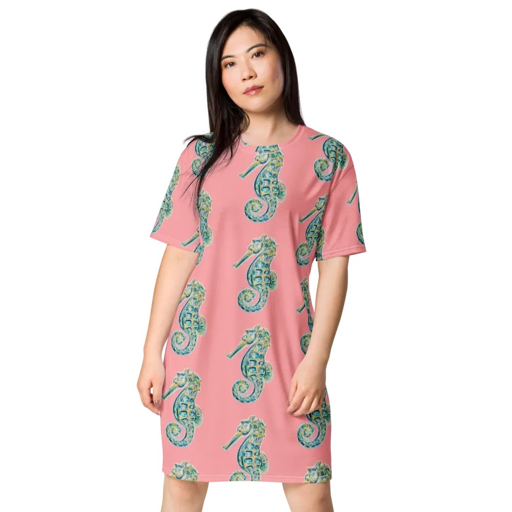Ocean Majesty | Painted Seahorse | T-Shirt Dress | Coastal Oversized Dress | Ocean-Inspired Casual Style | Wewak Pink Background product image (1)
