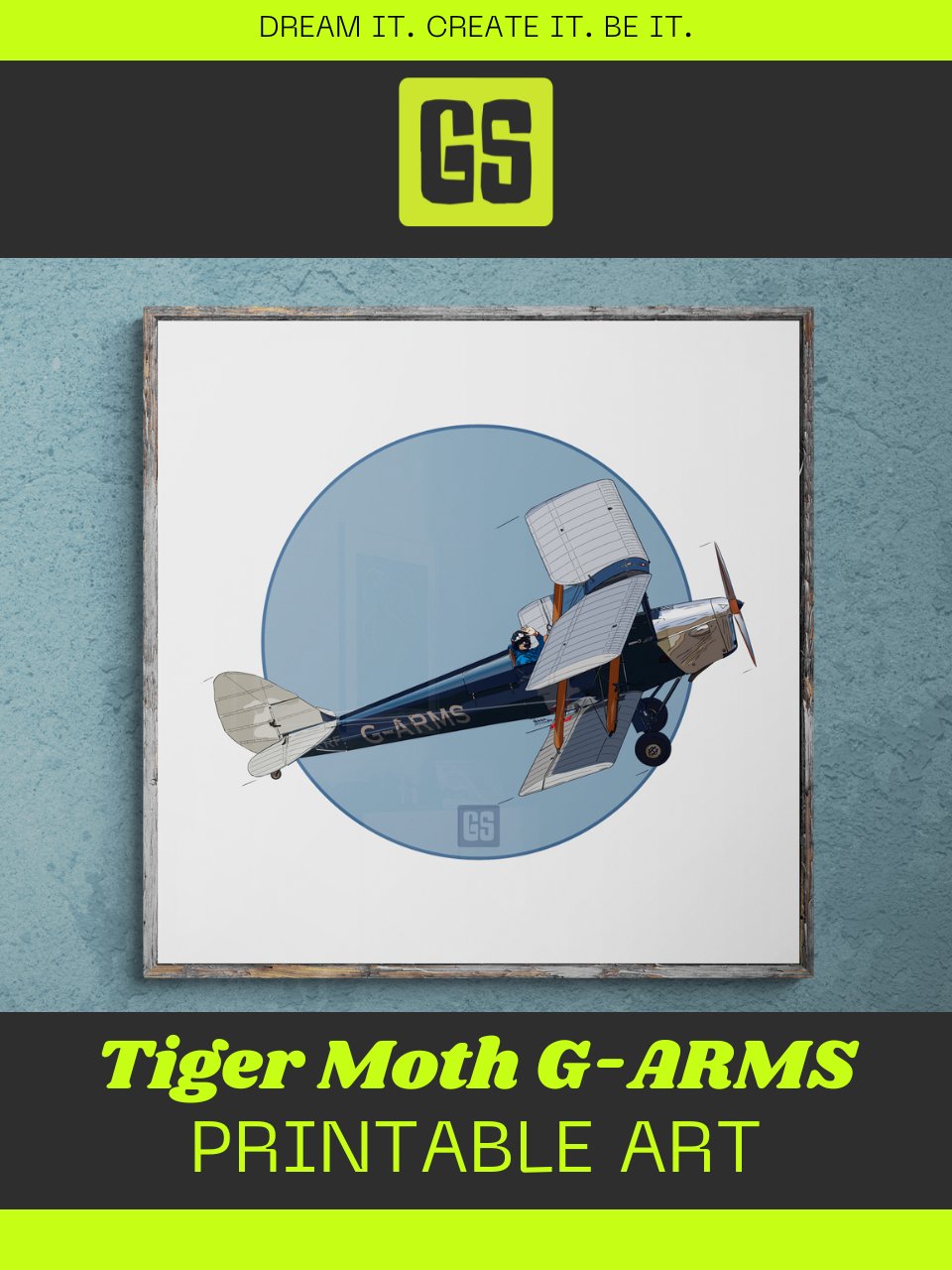 Tiger Moth G-ARMS Printable Aviation Wall Art Square Size Blue Circle & White Border Background product image (1)