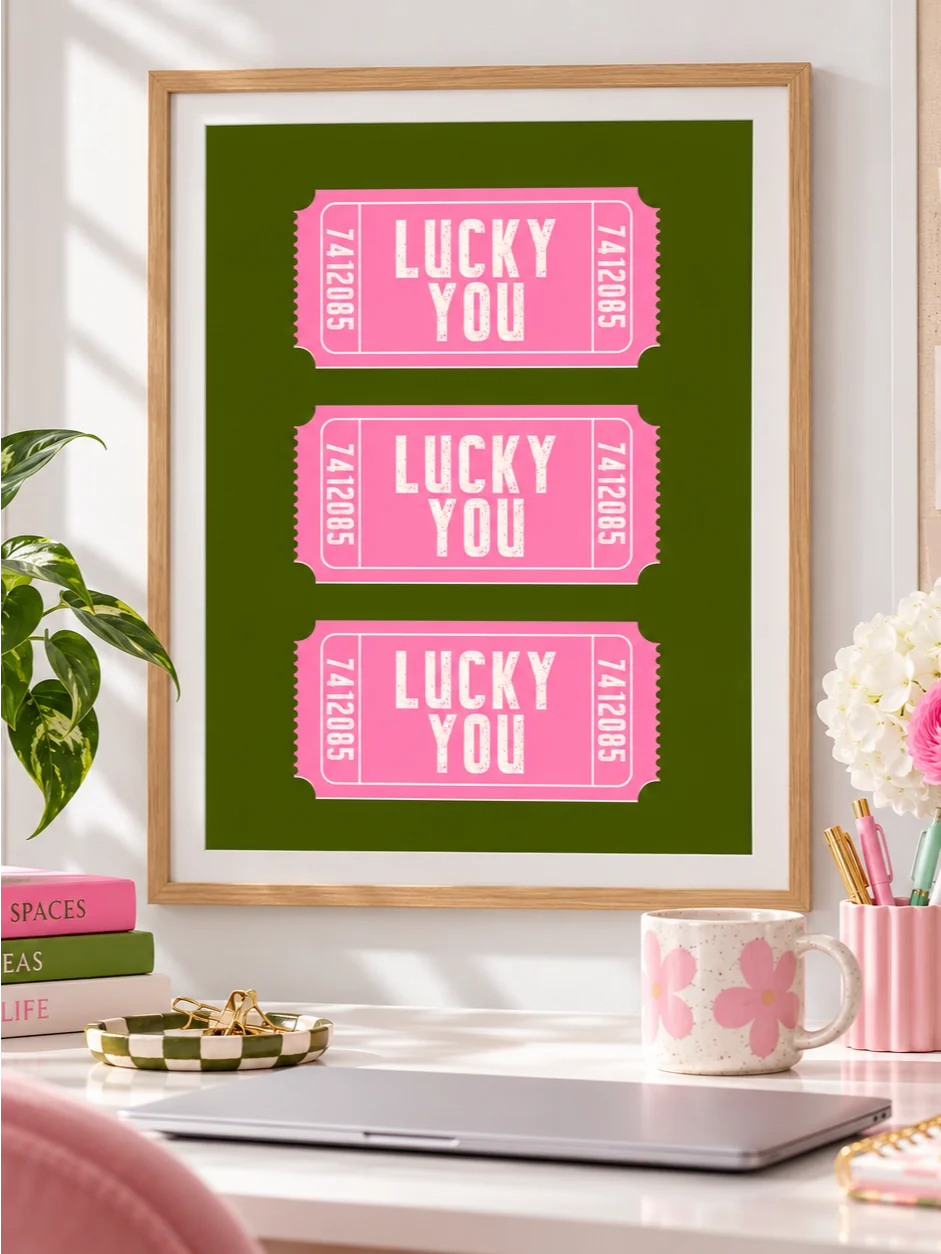 Lucky You Poster, Pink Green Ticket Wall Art, Retro Typography Print, Funky Dopamine Decor, Bright Printable Bedroom Art, Gallery Wall Print product image (5)