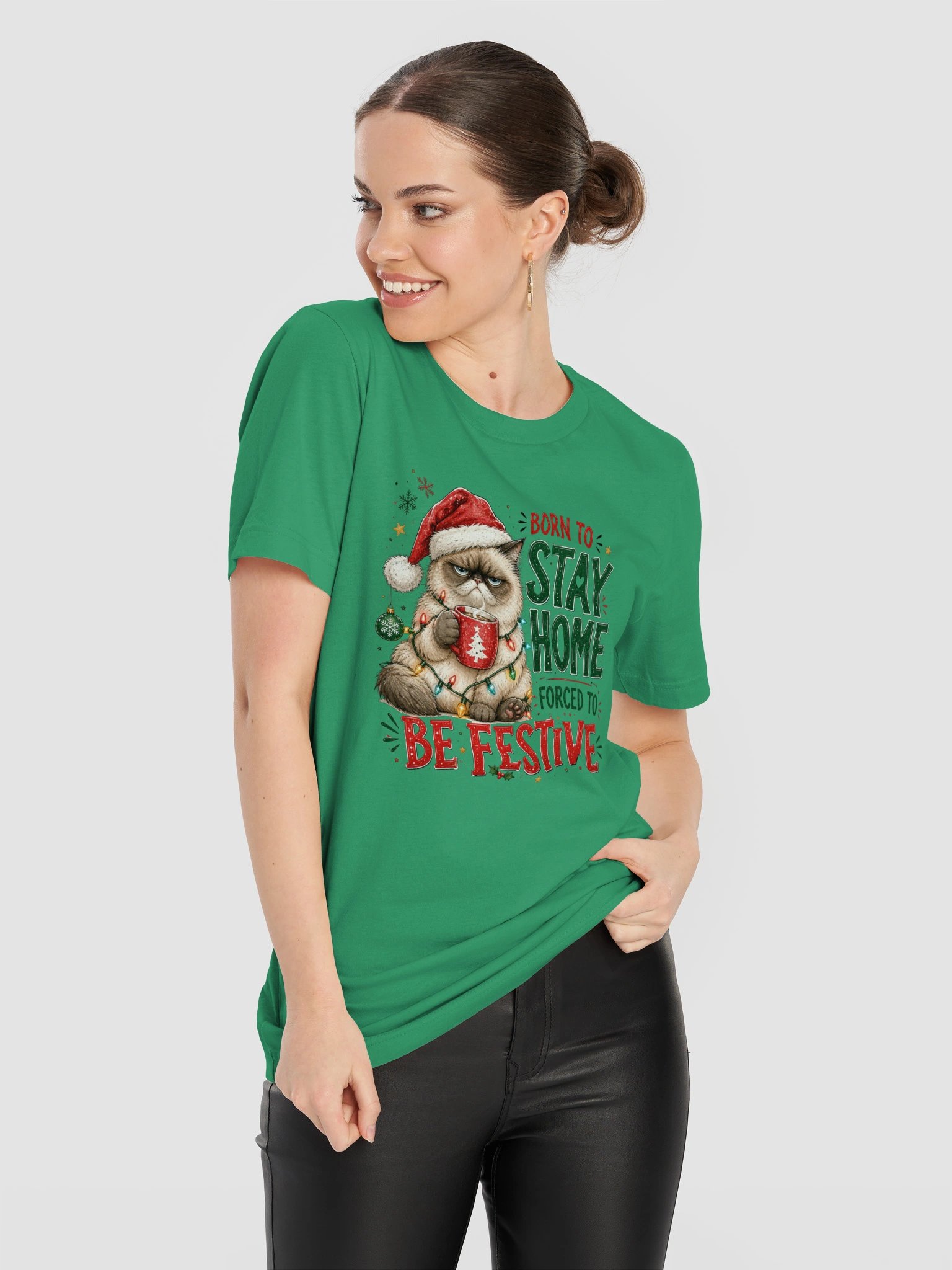 Born to Stay Home, Forced to Be Festive Cat Christmas T-Shirt product image (73)