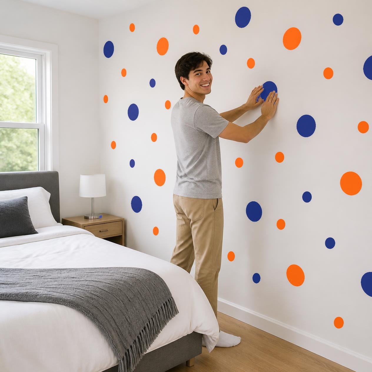 Navy Blue and Orange Polka Dot Wall Decals, 2" and 4" Vinyl Circle Stickers, Removable Dot Decals for Nursery, Kids Room, Playroom product image (4)