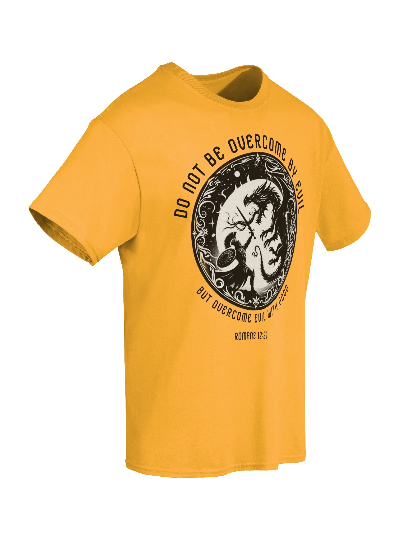 Overcome Evil T-Shirt, Christian Soldier Knight in Armor Battling Dragon Men's Design Tee product image (35)
