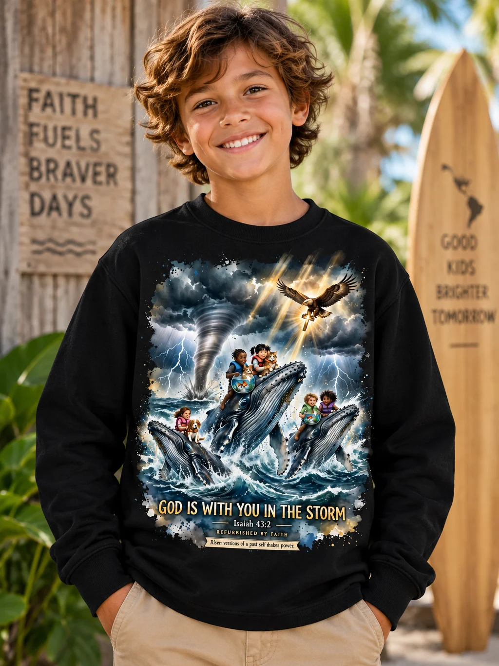 God Is With You in the Storm Kids Christian Sweatshirt | Isaiah 43:2 Whale Faith Crewneck | Christian Youth Sweatshirt | Refurbished by Faith Kids product image (1)