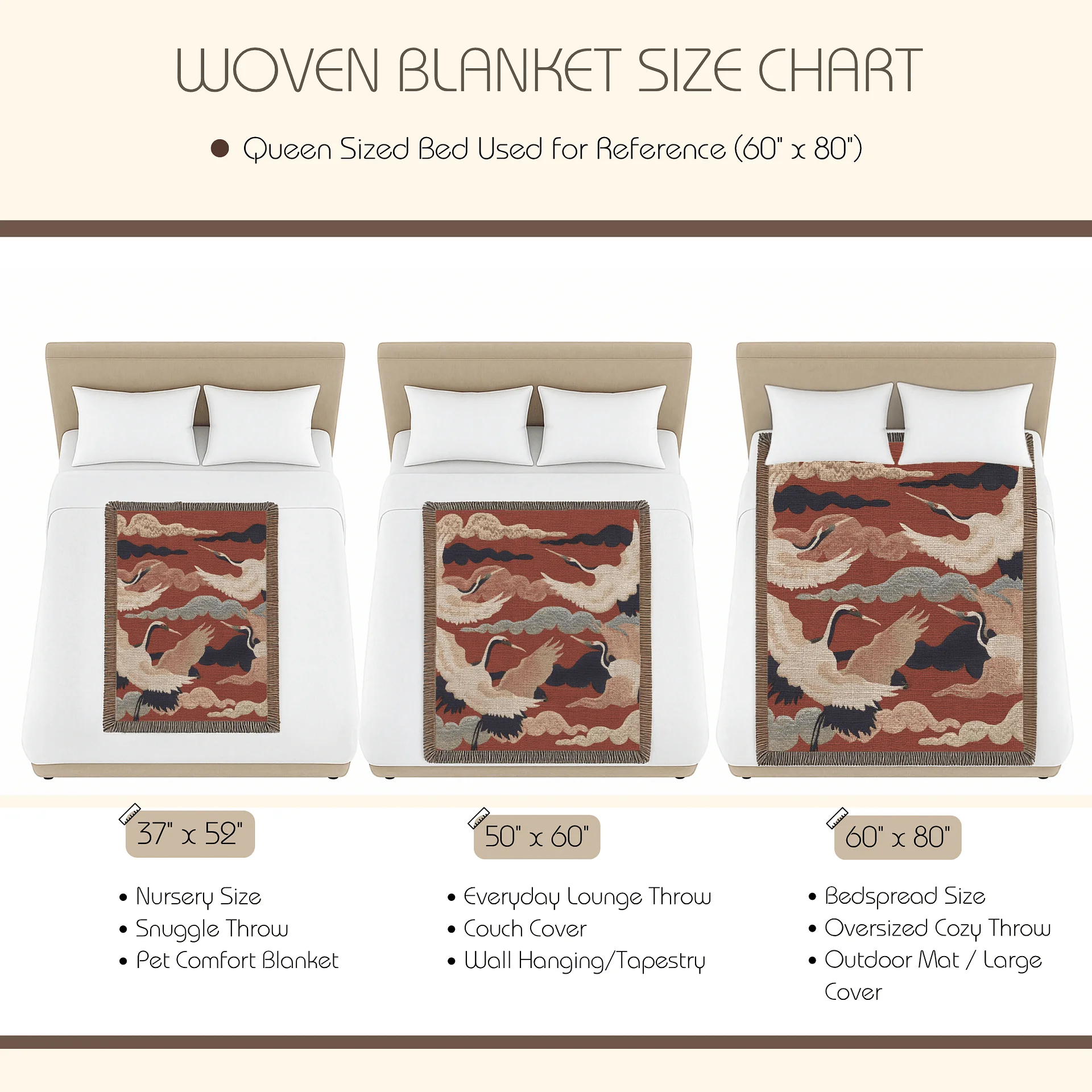 Japanese Crane Woven Blanket | Red Cotton Throw Tapestry with Fringe | 3 Sizes product image (5)