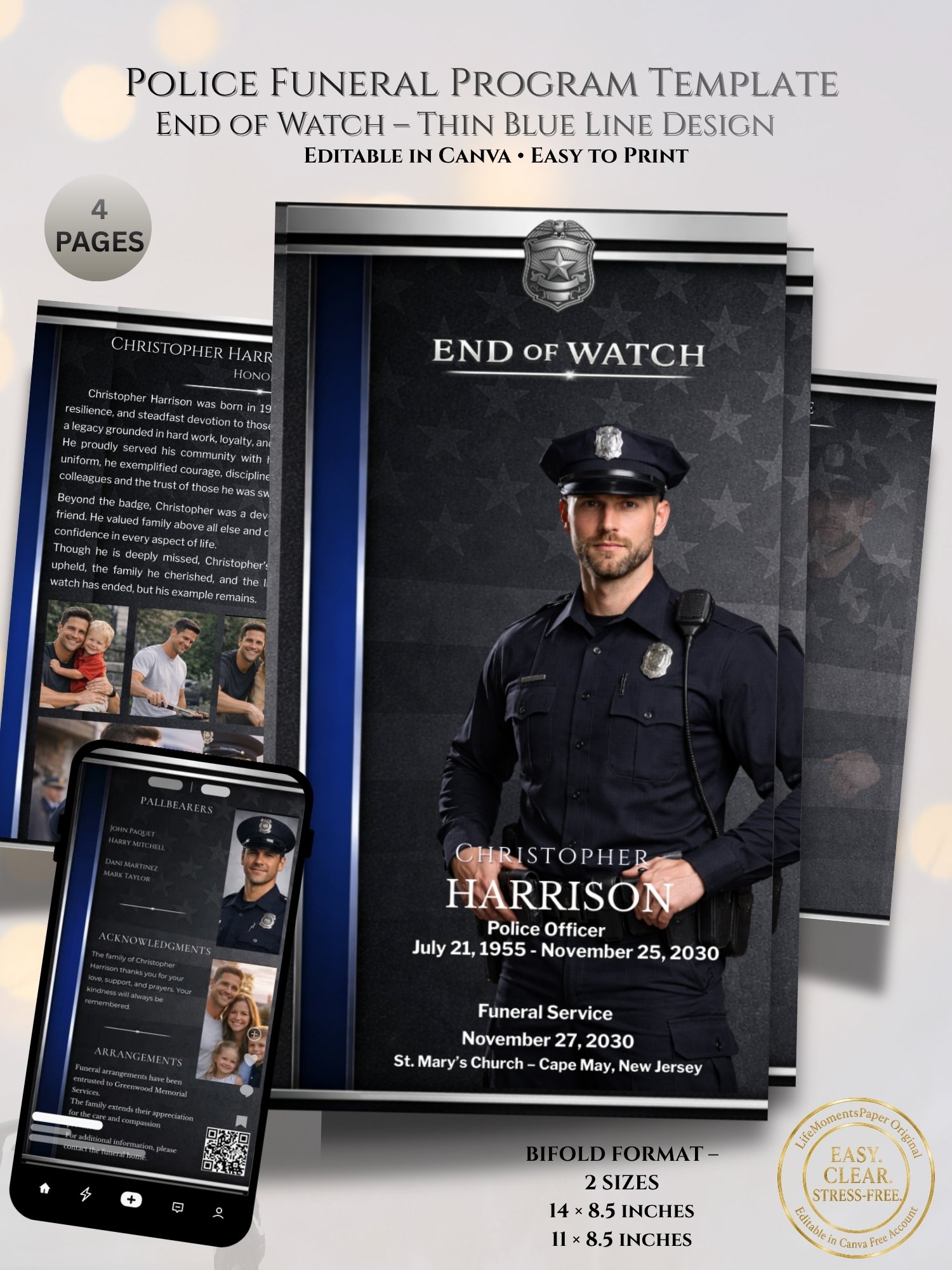 Police Veteran Funeral Program Canva Template with Mobile Version & QR Code (11" & 14" Sizes) product image (1)
