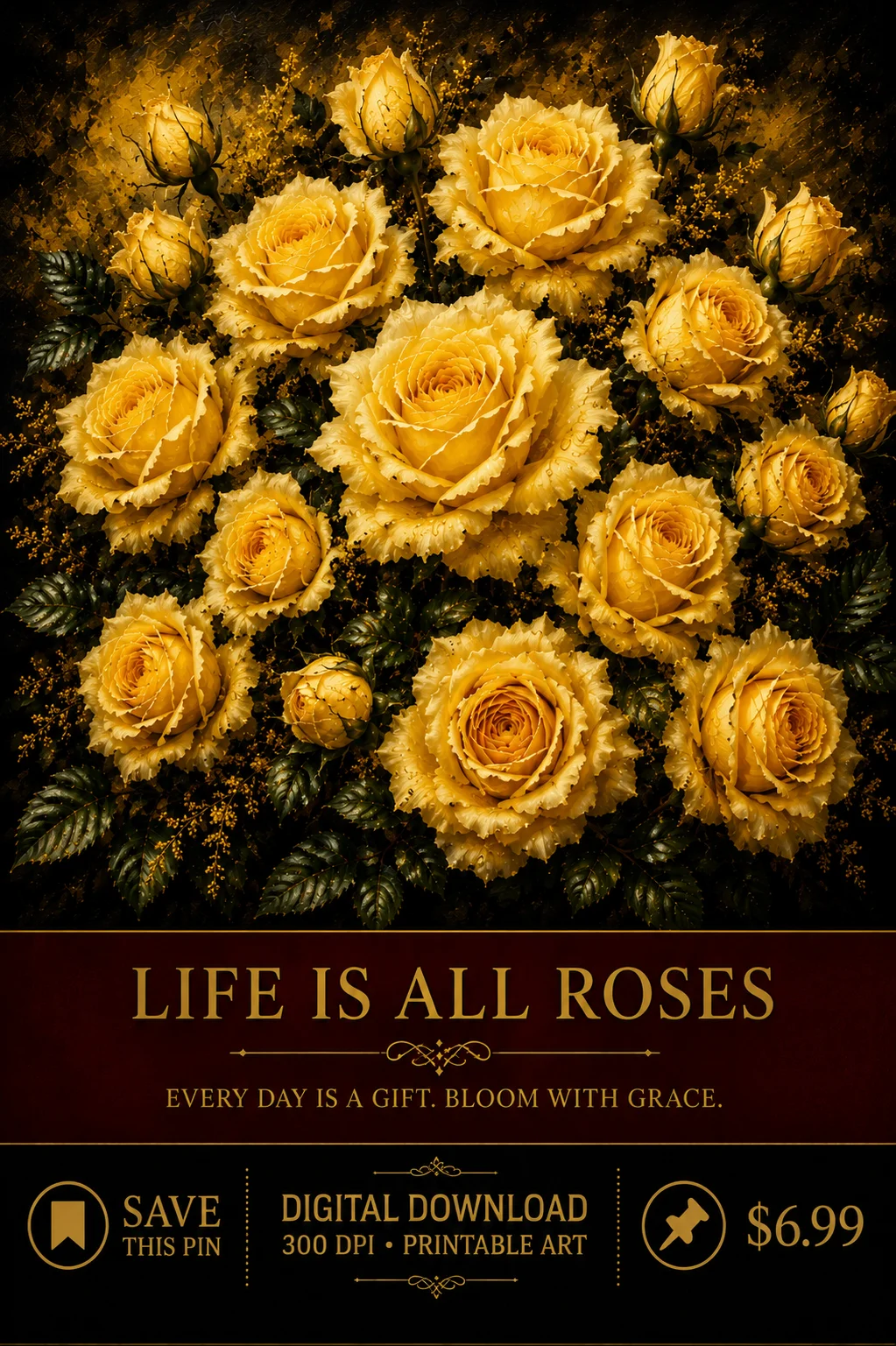 Yellow Rose Wall Art Printable | Life Is All Roses Floral Decor | Romantic Gift Digital Download product image (1)
