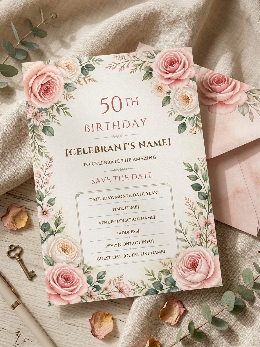Floral 50th Birthday Invitation Template, Editable Milestone Invite, Printable Garden Party, Canva Instant Download Digital product image (1)