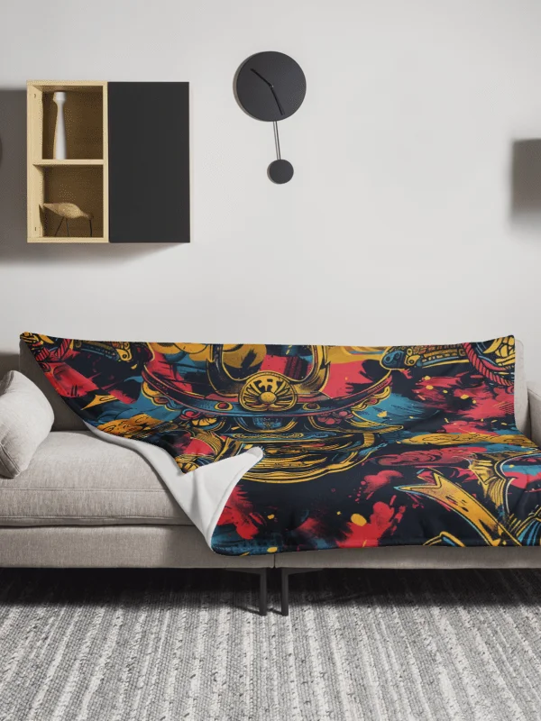 Japanese Samurai Throw Blanket | Vintage Oni Kabuto Fleece Blanket product image (13)