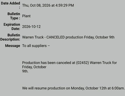 Warren Assebly production cancelled per this bulletin posted #stellantis #warrenassembly #wagoneer