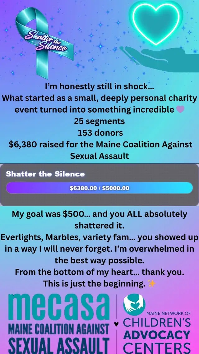 I’m honestly still in shock… What started as a small, deeply personal charity event turned into something incredible 💜 25 segments 153 donors $6,380 raised for the Maine Coalition Against Sexual Assault My goal was $500… and you ALL absolutely shattered it. Everlights, Marbles, variety fam… you showed up in a way I will never forget. I’m overwhelmed in the best way possible. From the bottom of my heart… thank you. This is just the beginning. ✨ #fyp #Twitch #trending #SAAM #trending 