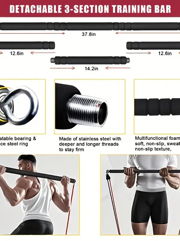 Home Gym Exercise Equipment - Portable Workout System 17 Fitness Accessories 9 In1 Push Up Board Set, Resistance Bands with Pilates Bar Strength Training Abs Shoulders Back Butt product image (4)