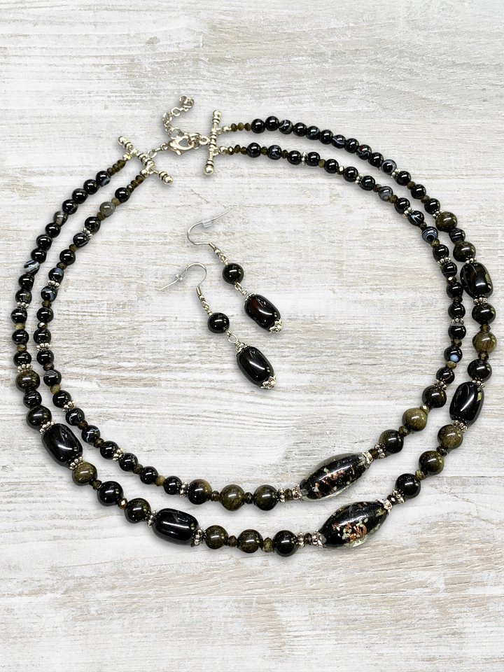 Black Onyx, Golden Sheen Obsidian 2-Strand Beaded Necklace and Earrings product image (1)