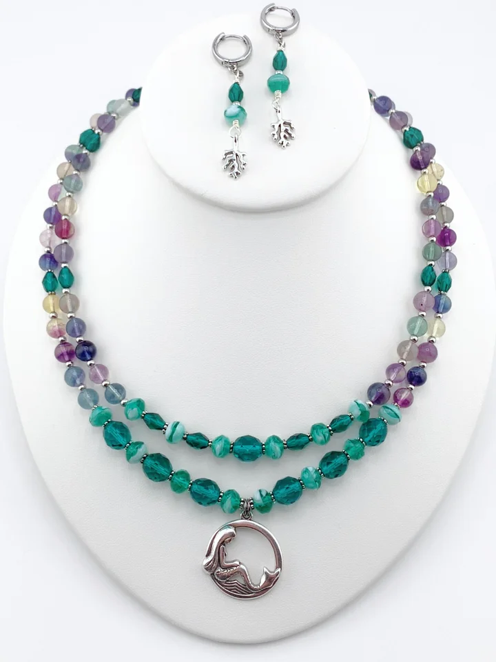 Fluorite and Teal Two-Strand Mermaid Necklace Set product image (1)