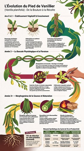 De la bouture plantée en terre jusqu'à la gousse récoltée à maturité, le cycle de vie du vanillier s'étend sur plusieurs anné...