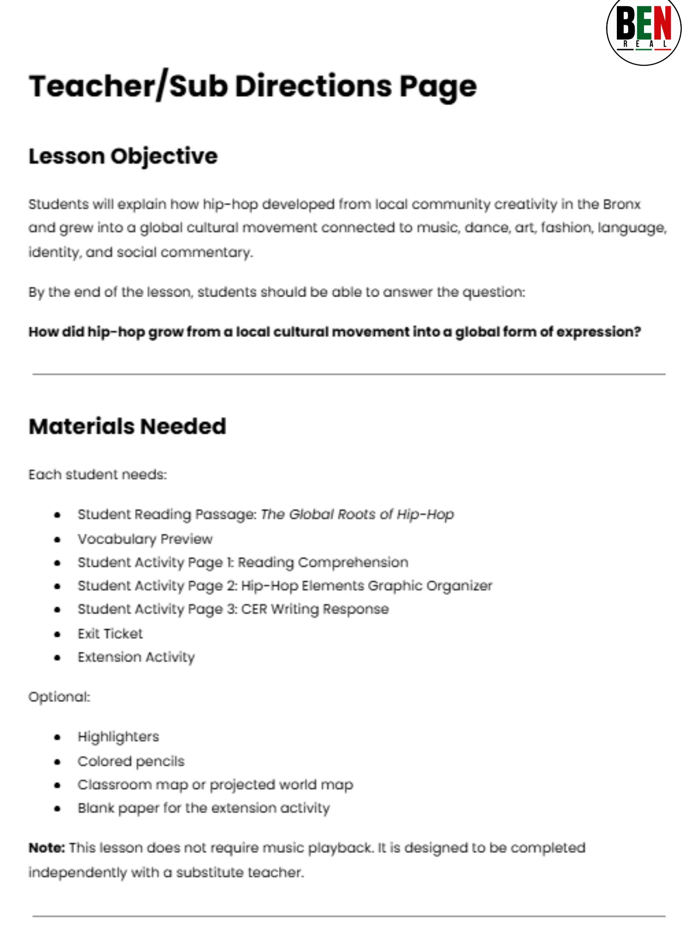 Black History 365 Sub Plan: The Global Roots of Hip Hop| Middle School Music| 60-Minute Lesson product image (2)
