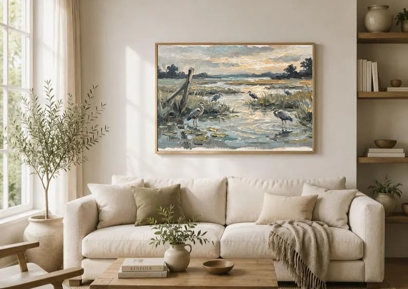 Rare Watercolor Coastal Wall Art Bundle of 3 – Stone Steps to Shoreline, Herons Wading in Marshland & Crab Traps on Wooden Dock, Fine Detail Nautical Print product image (1)