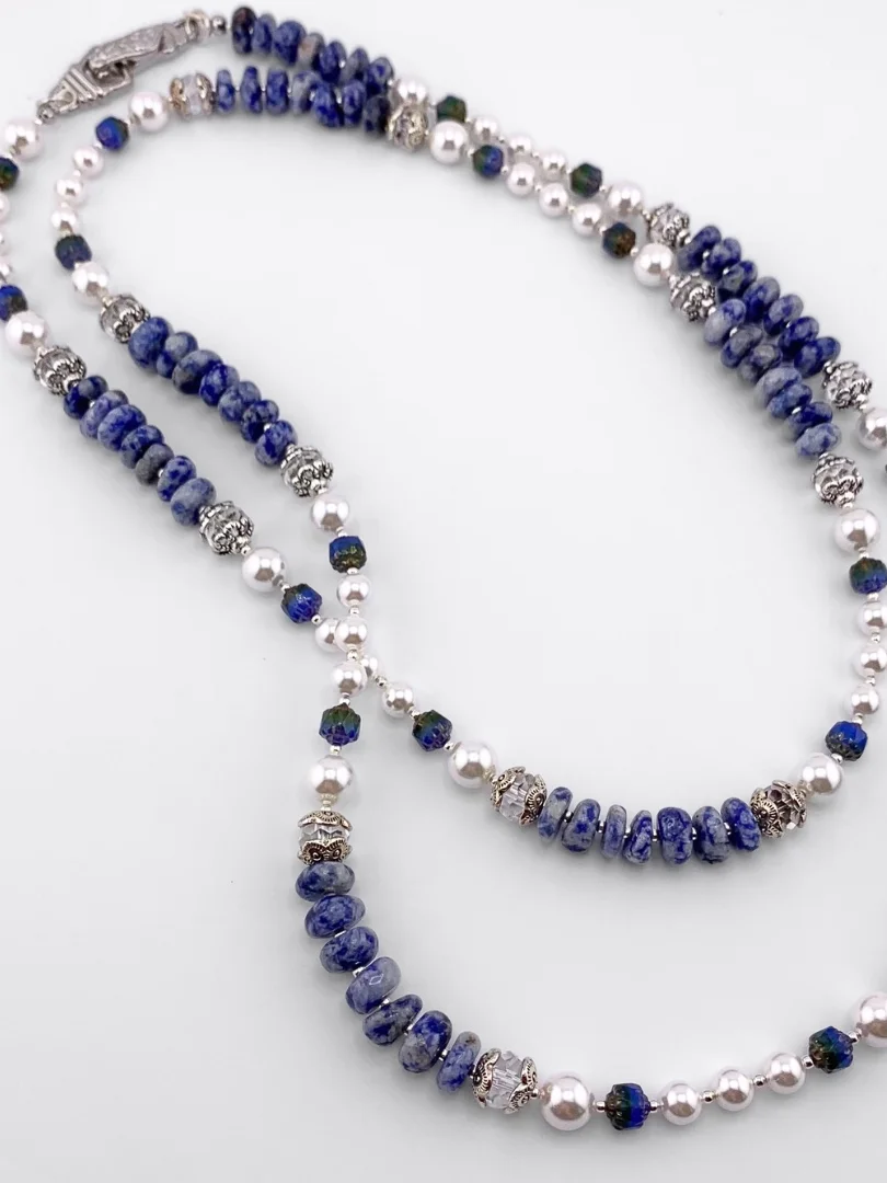 Blue Spotted Jasper and Pearl Beaded Necklace product image (2)