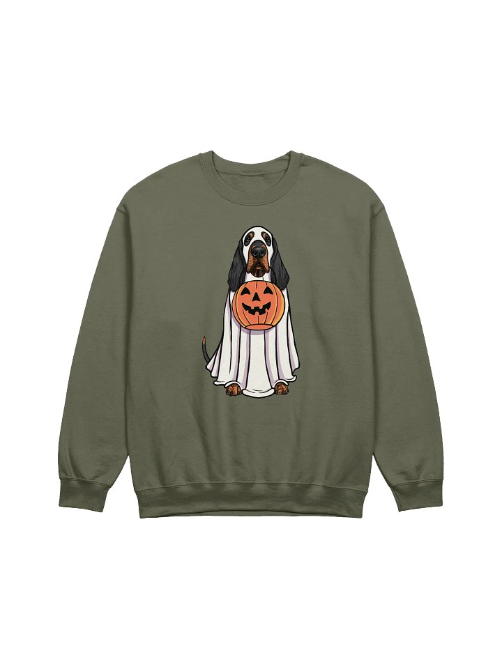 Funny Halloween Bloodhound(Black & Tan) Sweatshirt | Funny Bloodhound Wearing a Ghost Costume and Holding a Pumpkin Basket product image (1)