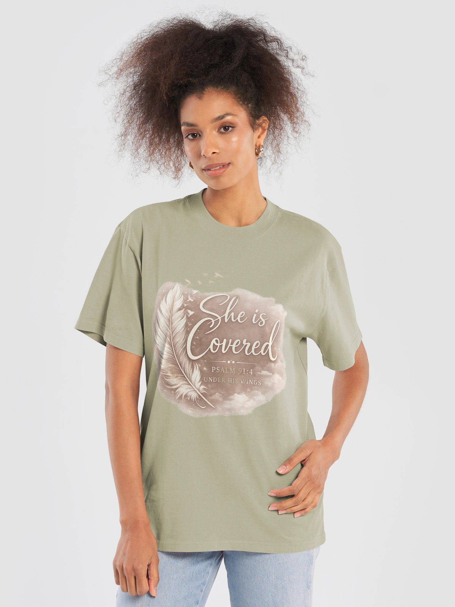She Is Covered Oversized Tee | Psalm 91 Christian T-Shirt | Premium Heavyweight Pump Cover | Neutral Faith Apparel | Faded Eucalyptus product image (1)