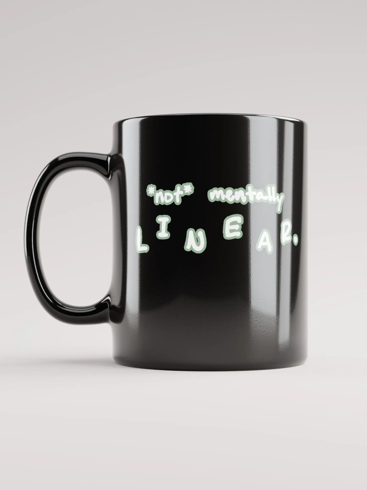 *not* mentally linear (lined design, #96B697) glossy black mug product image (1)