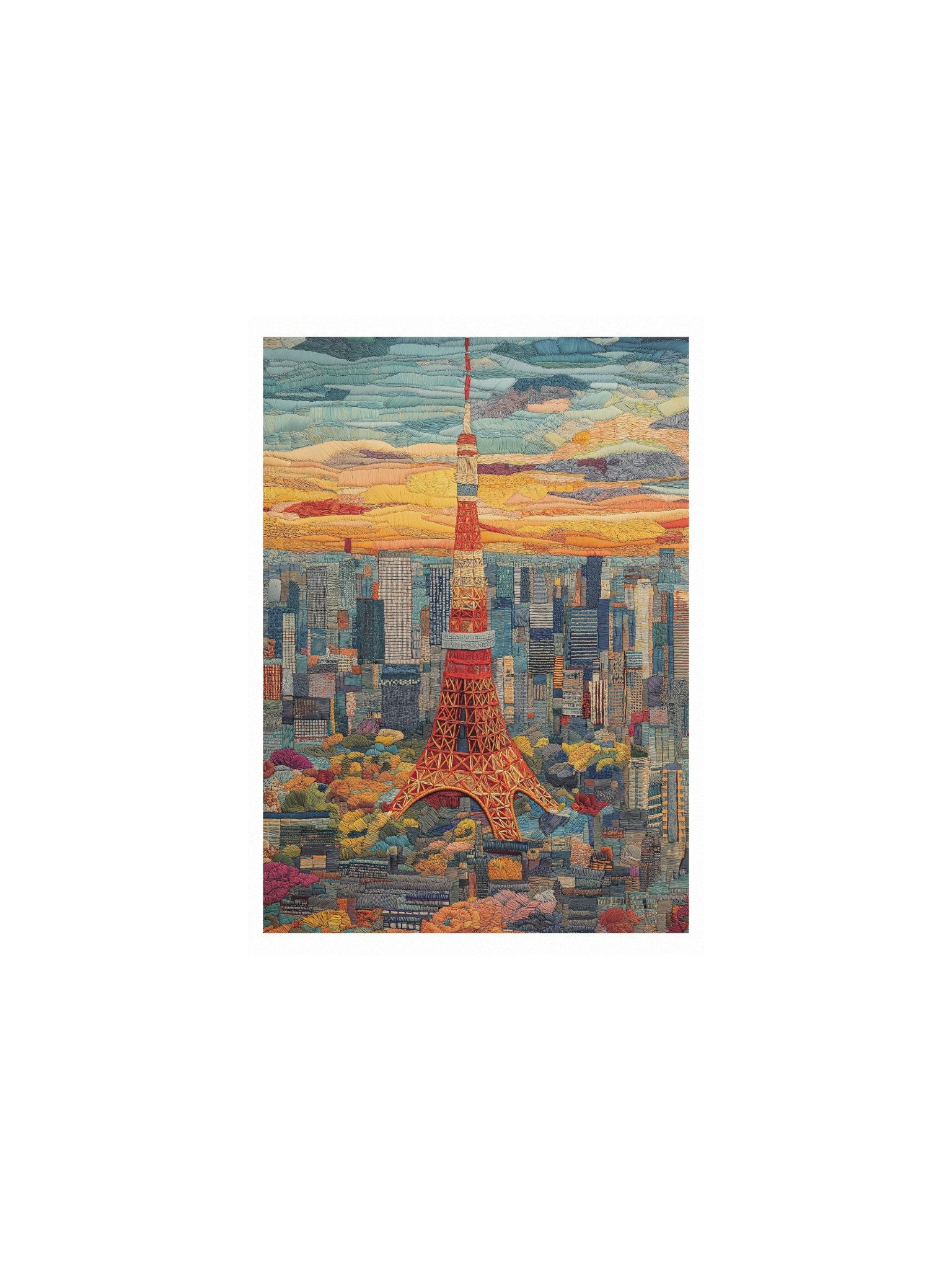 Golden Hour in Tokyo | Embroidery-Style Wall Art — Unframed Print product image (1)