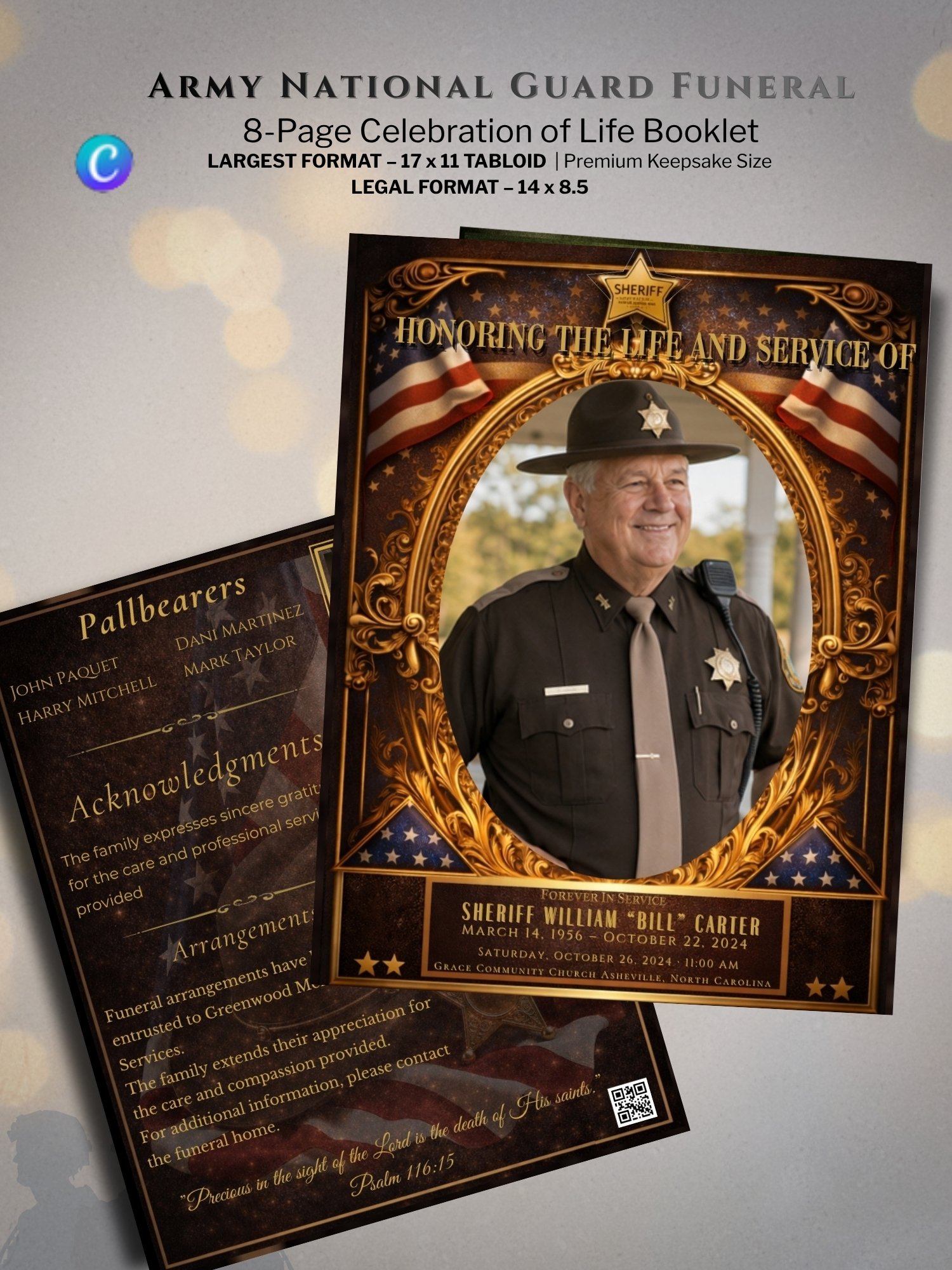 Sheriff Funeral Program Template, Editable Canva Memorial Booklet, 8-Page Celebration of Life with American Flag product image (8)