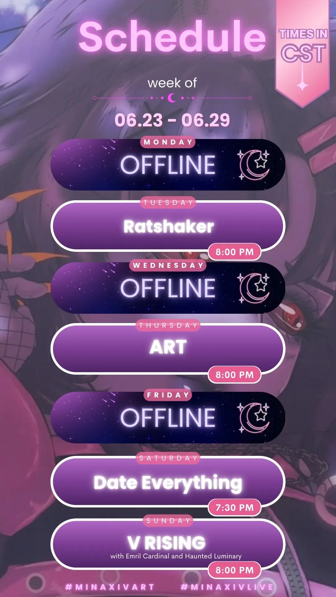 Late as always but here it is! My schedule! See you tonight for my first playthrough of RATSHAKER!!! Then more ART - and starting Date Everything as requested!  See you tonight! #vtuber #envtuber #minatiaxiv #dragonvtuber #twitchstreamer 