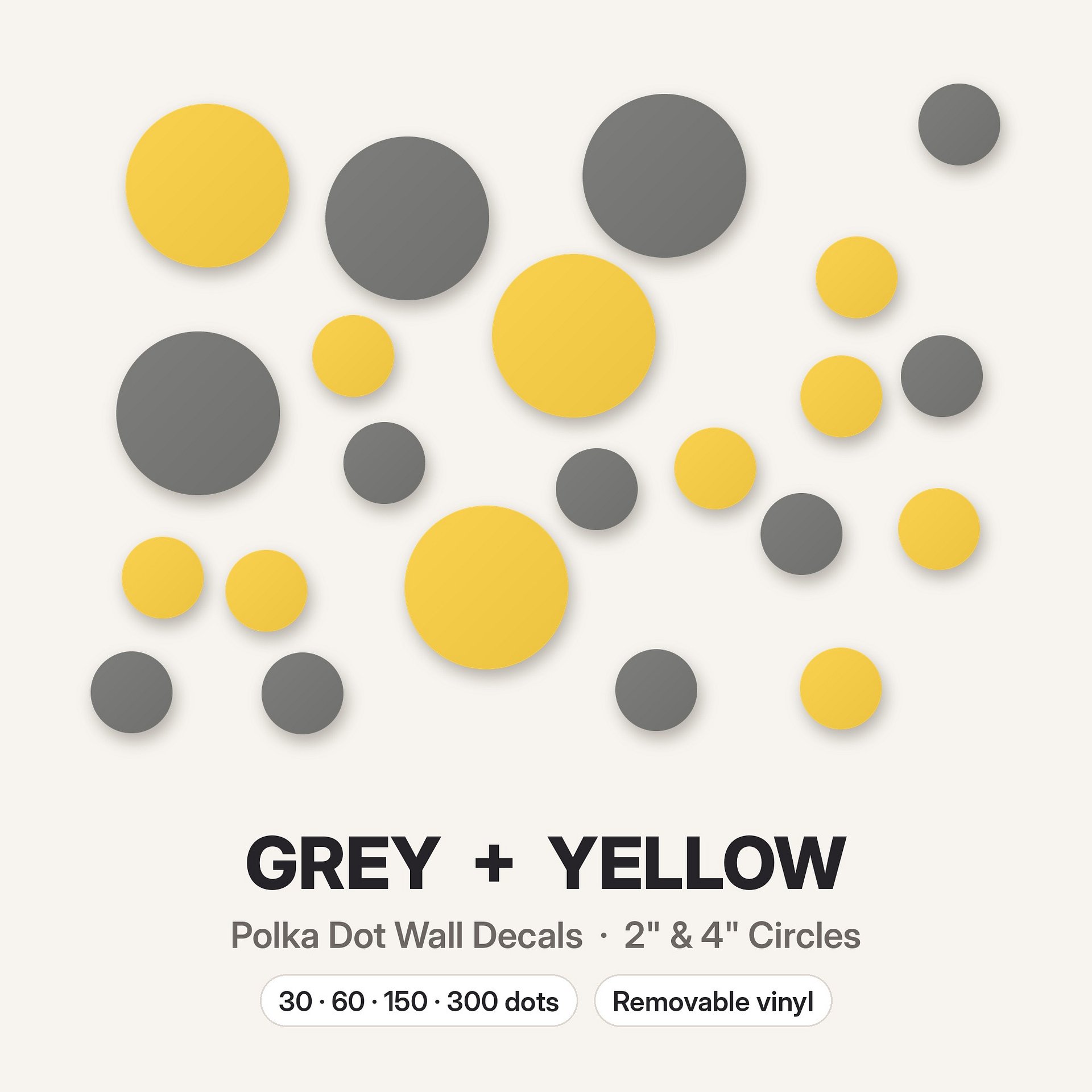 Grey and Yellow Polka Dot Wall Decals, 2" and 4" Vinyl Circle Stickers, Removable Dot Decals for Nursery, Kids Room, Playroom product image (3)