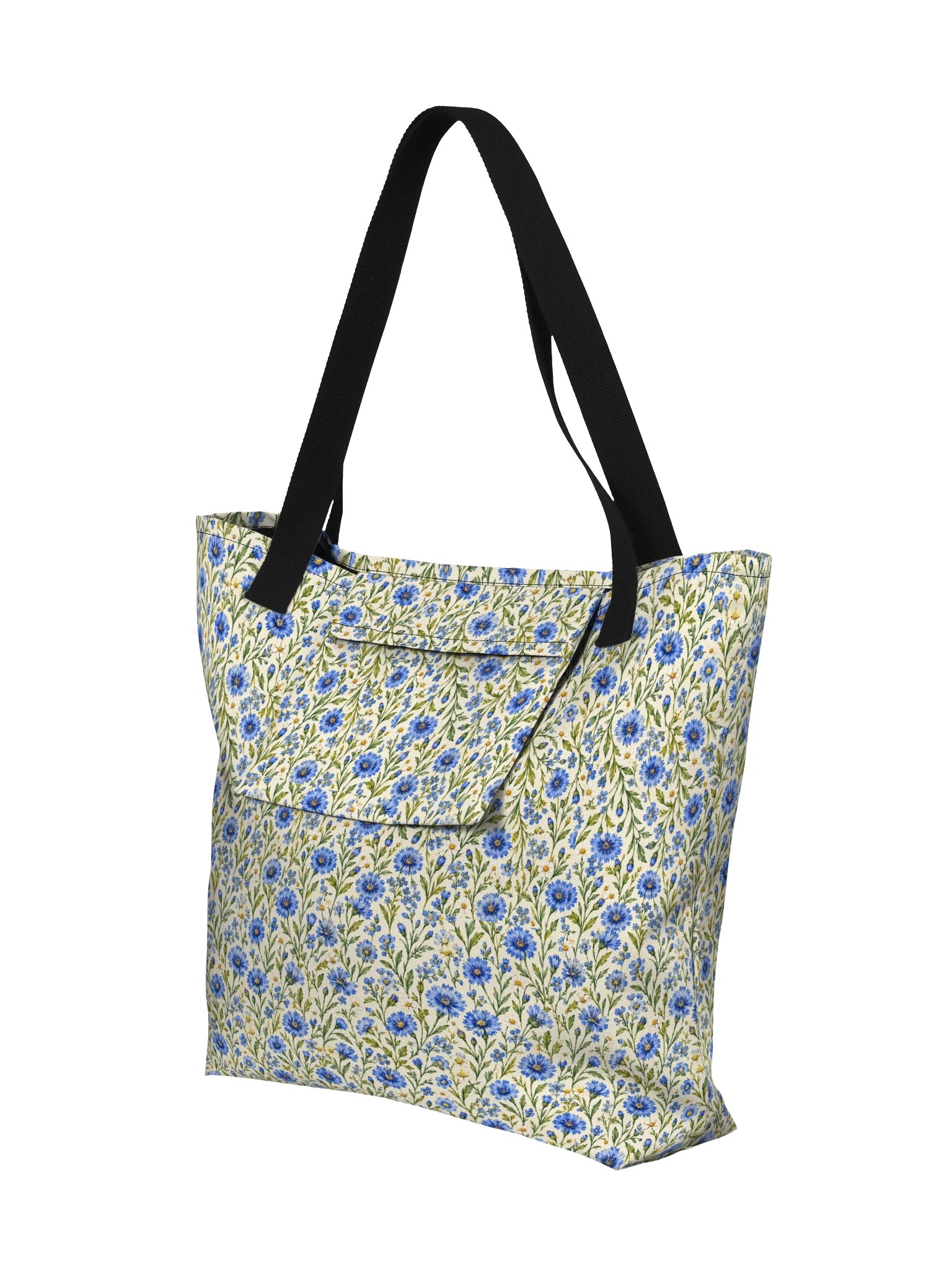 Blue Wildflower Large Tote Bag – Vintage Blue Floral Shoulder Bag with Pocket product image (5)