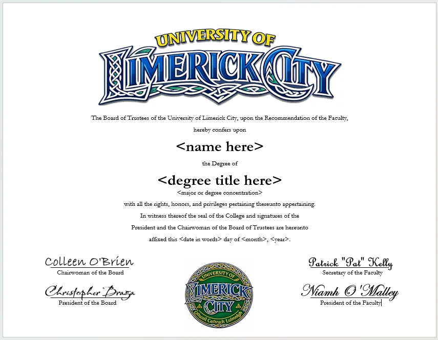 University of Limerick City degree parchment product image (1)