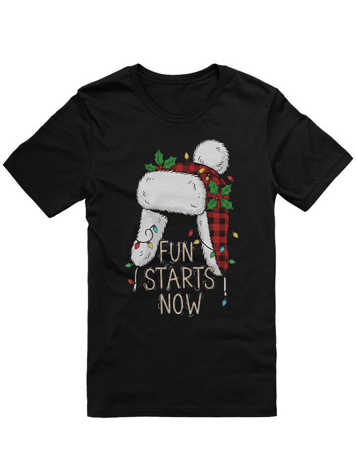 Funny Christmas Hat T-Shirt – “Fun Starts Now” Holiday Plaid Winter Hat Tee – Cozy Festive Lights & Holly Xmas Shirt product image (1)