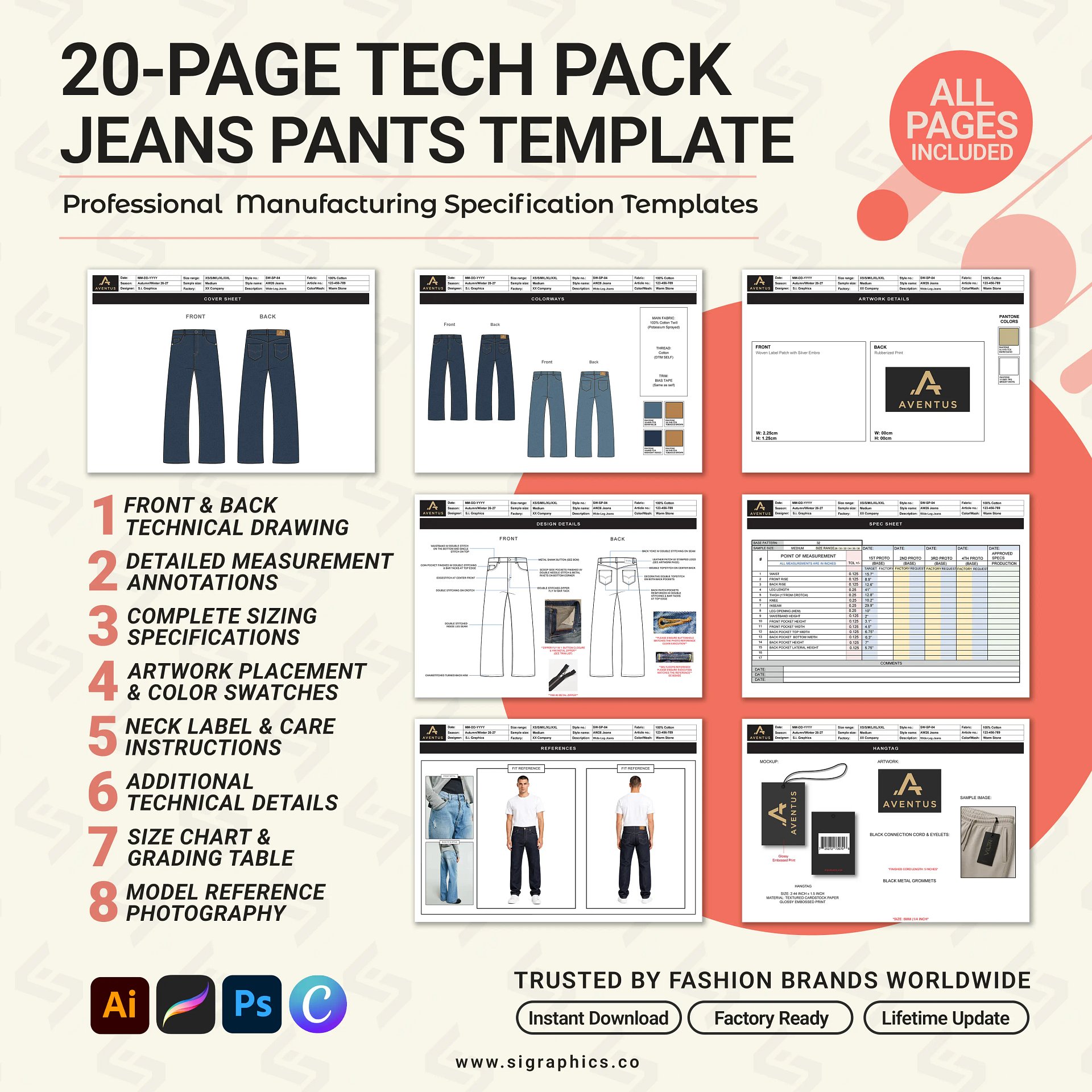Wide-Leg Denim Jeans Tech Pack Template – Editable AI File product image (2)
