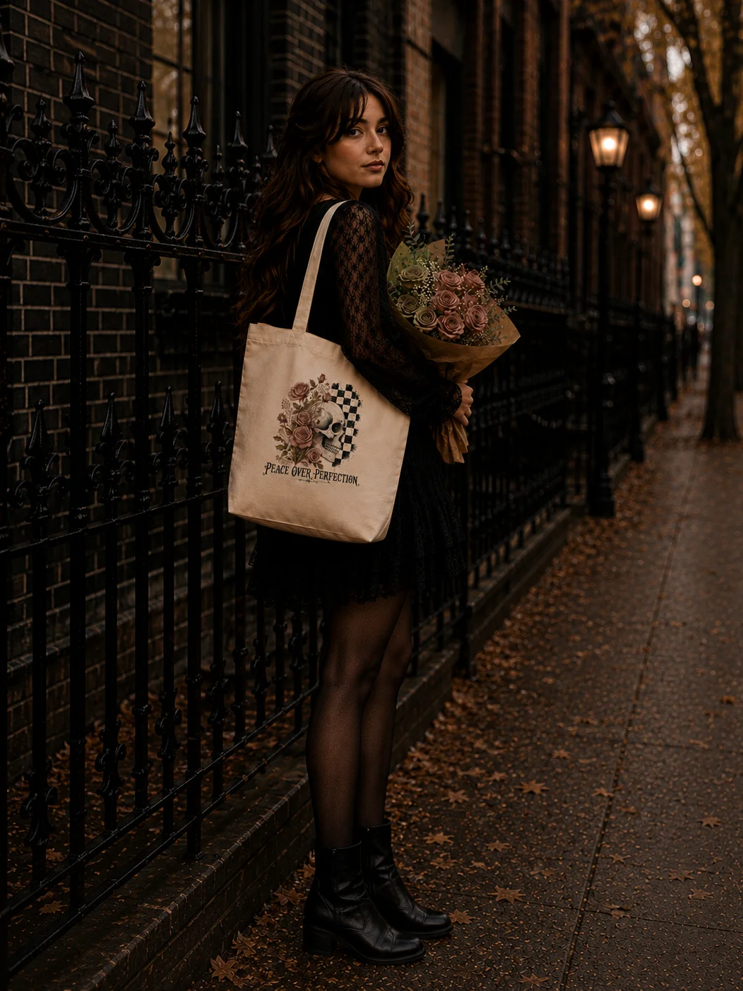 Peace Over Perfection | Floral Skull Tote Bag product image (2)
