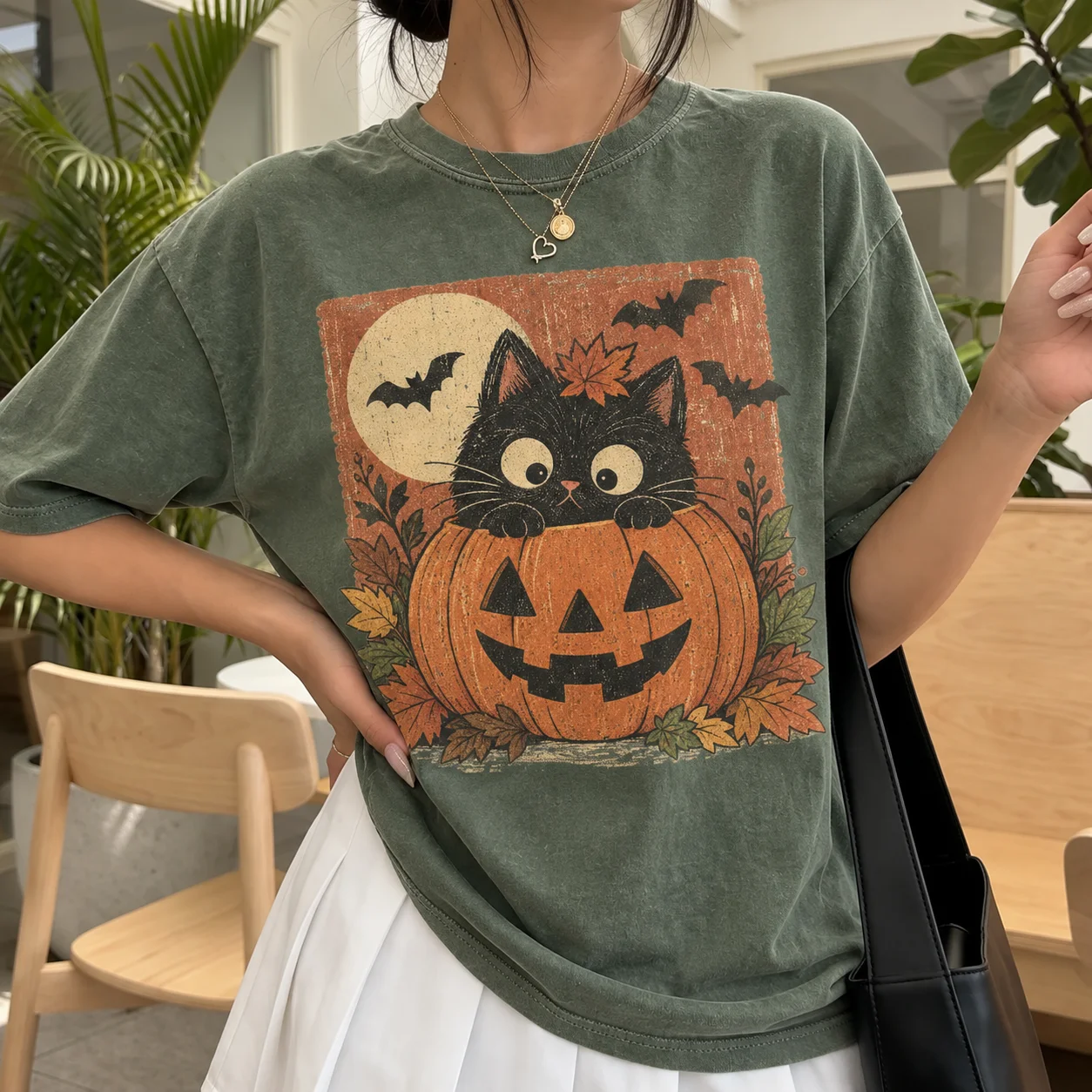 Vintage Halloween Black Cat T-Shirt, Pumpkin Graphic Tee, Retro Spooky Cat Shirt, Fall Halloween Shirt product image (4)