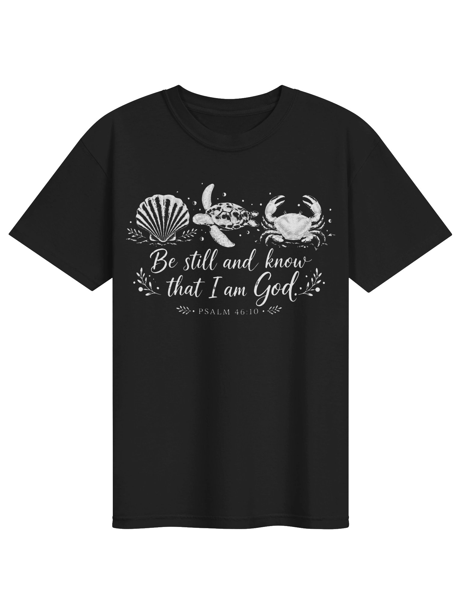 Be Still and Know That I Am God Christian Beach T-Shirt | Psalm 46:10 Seashell Turtle & Crab Coastal Faith Design | Kingdom Life Co. product image (2)
