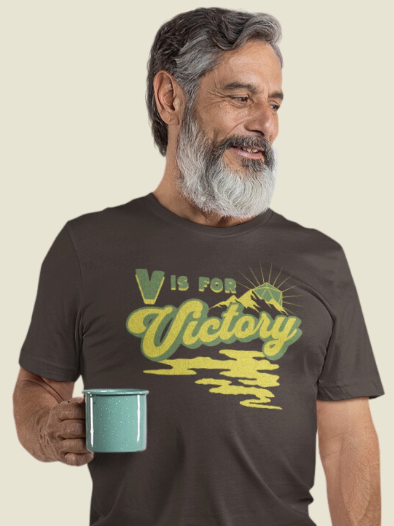 Retro D20 Sunrise Board Game Shirt, V is for Victory T-shirt, on Brown product image (1)