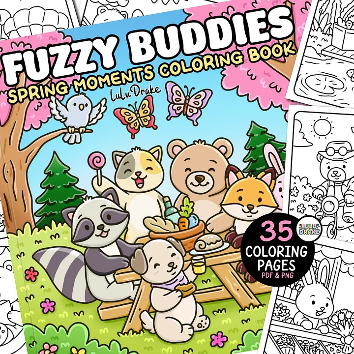 Fuzzy Buddies Spring Moments Coloring eBook, BIG PACK 35 Pages | ★ DIGITAL ★ product image (1)