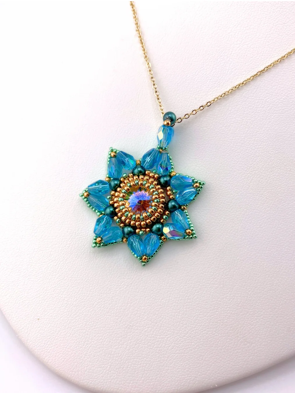 Floral Reflection Beaded Pendant - Aqua/Gold product image (3)